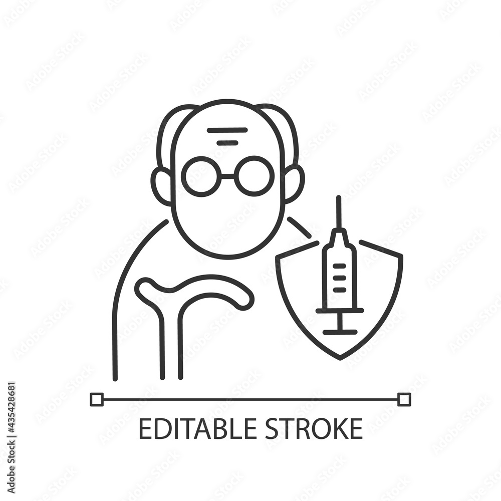 Vaccination of elderly people linear icon. Priority list age group. Senior for vaccine injection. Thin line customizable illustration. Contour symbol. Vector isolated outline drawing. Editable stroke