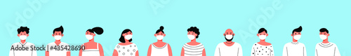 Group of people in white face mask, disease prevention - Men and women in protective medical mask protected from virus, air pollution - Flat cartoon vector illustration