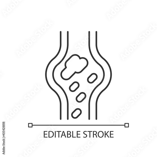 Blood clots linear icon. Cardiovascular circulation problem. Disease symptom. Vaccination effect. Thin line customizable illustration. Contour symbol. Vector isolated outline drawing. Editable stroke