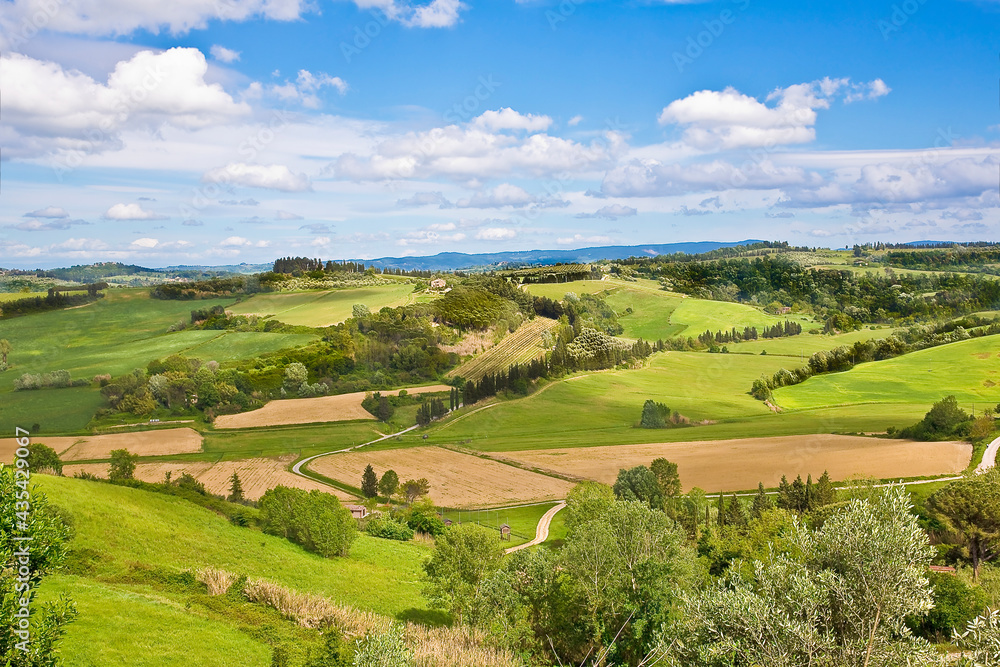 Beautiful tuscan landscape with valleys and hills in springtime (Italy-Tuscany-Pisa city)