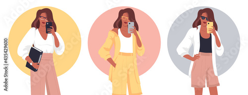 Young woman taking mobile photo of different modern fashion looks
