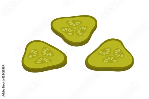 Pickled cucumbers pieces. Sliced pickles. Vegetable for the Mediterranean or vegan diet. Flat design style for menu, cafe, restaurant, poster, banner, emblem, sticker.