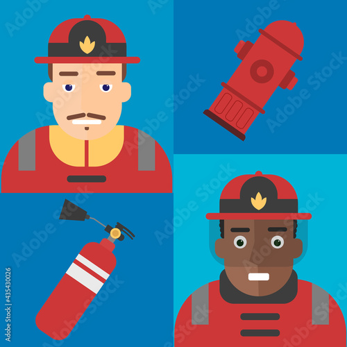 firefighting equipment firehose hydrant and fire extinguisher illustration firemans uniform with helmet and isolated on blue background