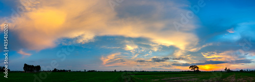 Panorama beautiful sunset with dark cloud over rice field in Thailand.blue sky with clouds.Fiery orange sunset sky. Beautiful sky.Sunrise with cloud over rice field.