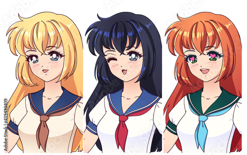 Three different anime girls wearing japanese school uniform