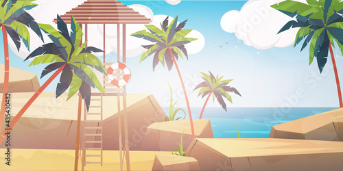 Beach with a rescue post. Summer island illustration in cartoon style.