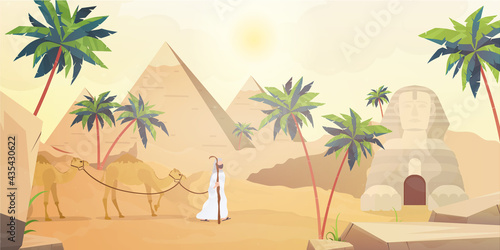 Egyptian pyramids and the Sphinx. Sahara desert in cartoon style.
