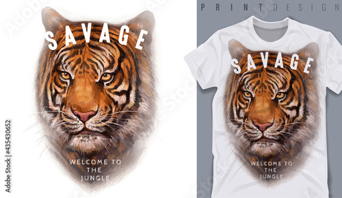 Graphic t-shirt design, Savage slogan with tiger head,vector illustration for t-shirt.