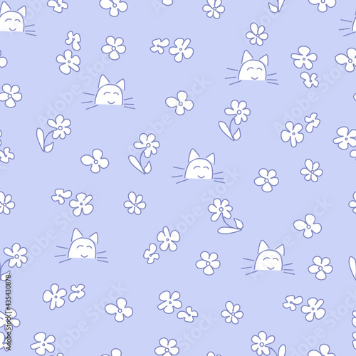 Cute childish seamless vector pattern with flowers and cats. Pattern for children's textiles and clothing. Vector pattern for newborns.