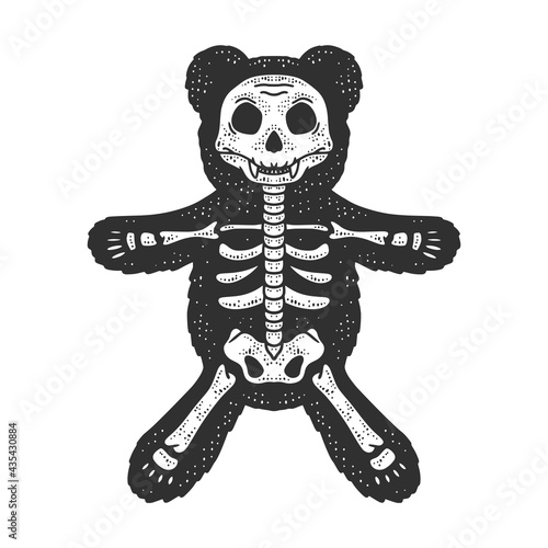 teddy bear skeleton line art sketch engraving vector illustration. T-shirt apparel print design. Scratch board imitation. Black and white hand drawn image.