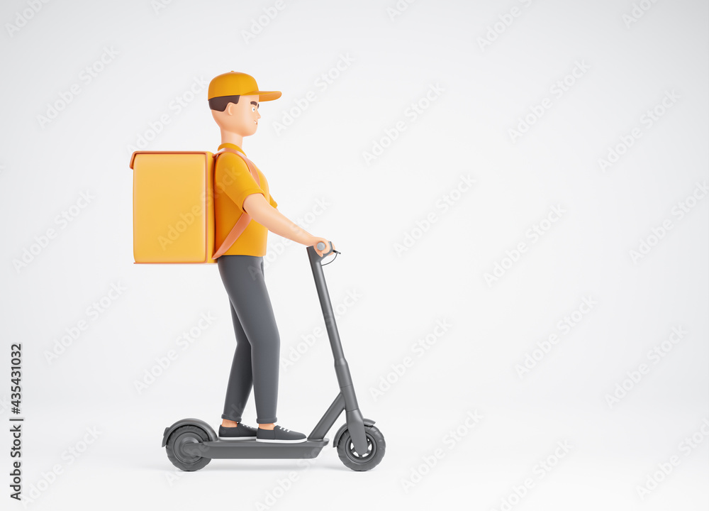 Cartoon character man courier in yellow form with food backpack in the black electric kick scooter over white background. Cartoon character man courier in yellow form with food backpack in the black electric kick scooter over white background.