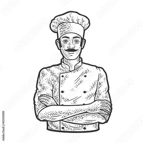chef man in chef hat toque line art sketch engraving vector illustration. T-shirt apparel print design. Scratch board imitation. Black and white hand drawn image.