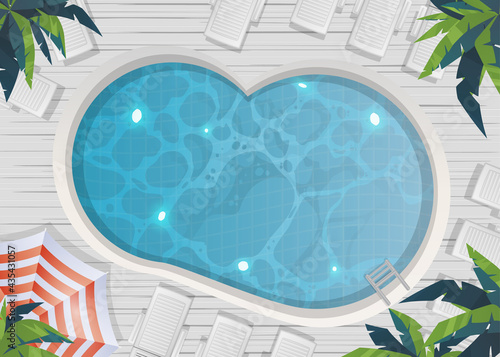 swimming pool top aerial view with wooden deck loungers palm tree horizontal illustration