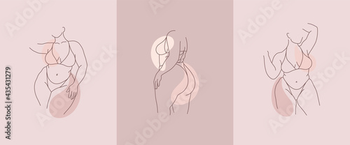 Body positive art. Beautiful curvy woman body line art illustration. Minimalist linear female figure. Abstract nude sensual line art. Simple body positive elegant poster. photo