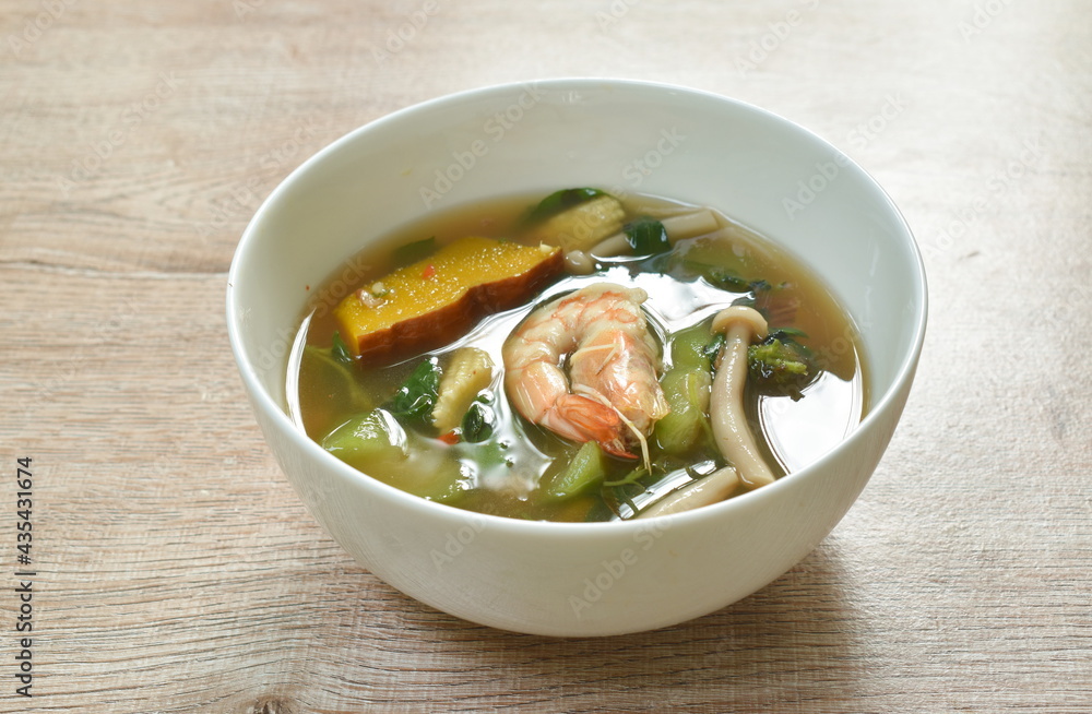 boiled mixed vegetable topping shrimp Thai spicy soup on bowl boiled mixed vegetable topping shrimp Thai spicy soup on bowl
