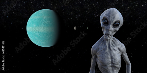Illustration of a gray alien looking forward with large black eyes in space.
