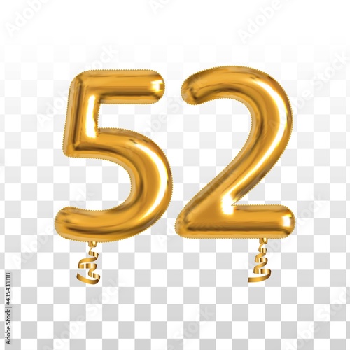 Vector realistic isolated golden balloon number of 52 for invitation decoration on the transparent background.