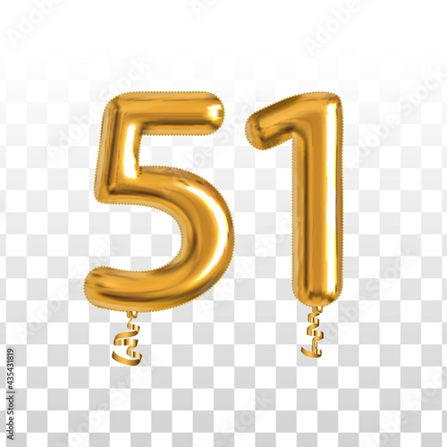 Vector realistic isolated golden balloon number of 51 for invitation decoration on the transparent background.