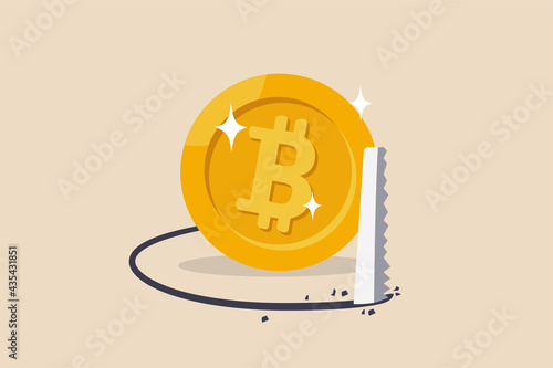 Cryptocurrency market drop, bitcoin collapse and crypto coin price crisis, trading trap or pitfall concept, thief sawing the floor to make bitcoin collapse falling down.