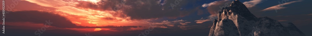 sky panorama, rock at sunset background, 3D rendering