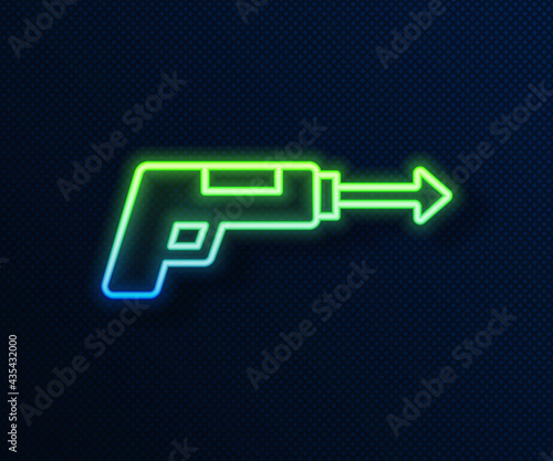 Glowing neon line Fishing harpoon icon isolated on blue background. Fishery manufacturers for catching fish under water. Diving underwater equipment. Vector