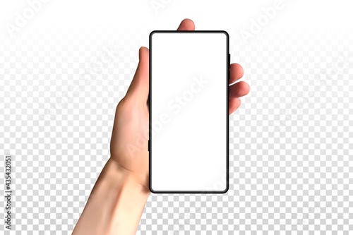 Vector realistic isolated hand holding a phone for template and mockup decoration on the transparent background.