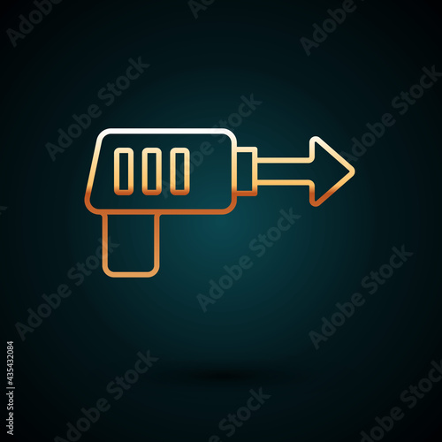 Gold line Fishing harpoon icon isolated on dark blue background. Fishery manufacturers for catching fish under water. Diving underwater equipment. Vector