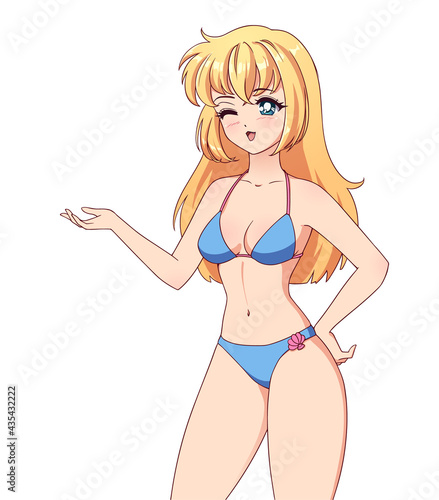 Smiling anime manga girl with blonde hair
