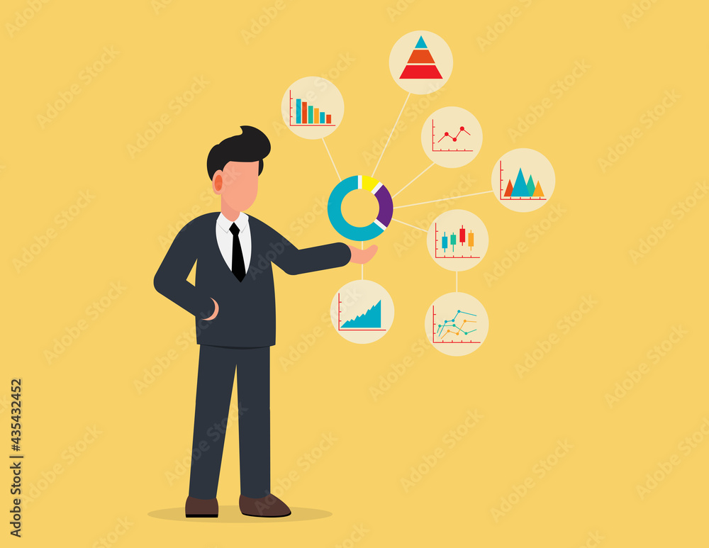 Leader with analyze of business chart. Concept monitoring and statistics Leader with analyze of business chart. Concept monitoring and statistics