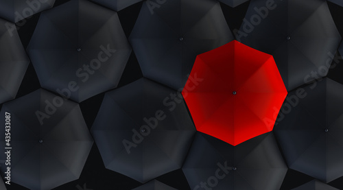 3d render of Unique red umbrella among many dark ones.