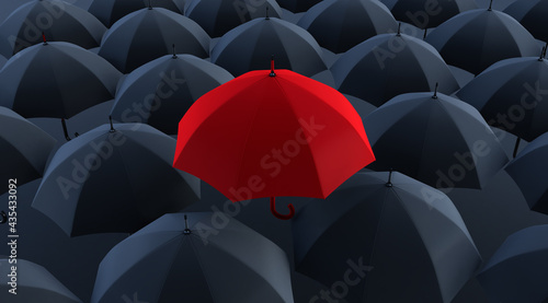 3d render of Unique red umbrella among many dark ones.