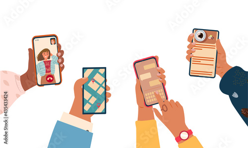 Set of hands holding smartphone flat vector Illustration. People use smartphones, surfing in social media. Boy and girl chatting, using navigation, watching video, liking photos, talking in mobile app