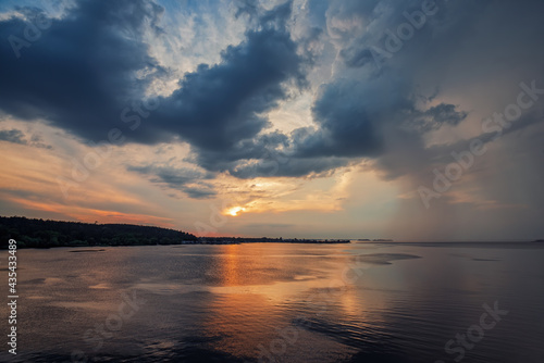 Dramatic sunset over Dnieper river near Cherkasy, Ukraine