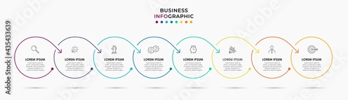 Vector Infographic thin line circle design business template with icons and 8 options or steps. Can be used for process diagram, presentations, workflow layout, banner, flow chart, info graph