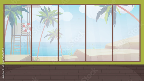 A room with a large panoramic window overlooking the sea. , vector illustration.