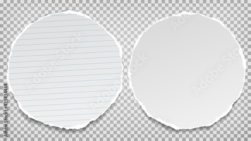 Torn, ripped round white paper with soft shadow is on grey squared background for text. Vector illustration