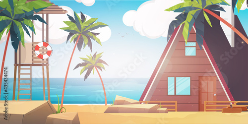 Hotel bungalow on a blue clear and calm sea. Summer vacation concept.