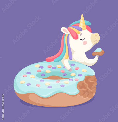 I like donuts. Yummy glazed cake and cartoon unicorn eating slice. Bakery or cafe poster illustration, cute baby vector print