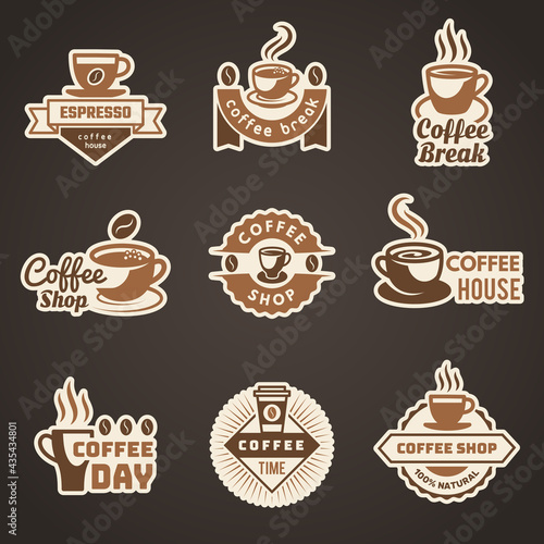 Coffee logo. Mug with coffee beans symbols for logo design stylized steam of hot drinks recent vector badges templates
