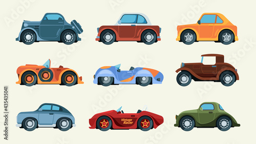 Retro automobiles. Urban racing transportation vintage style vehicles garish vector colored pictures isolated on white