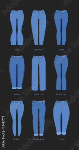 Denim woman clothes. Skinny pants for girls various types of textile jeans garish vector flat illustration collection