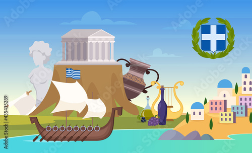 Greece background. Landmarks architectural objects of greece old ancient objects and symbols exact vector cartoon landscape