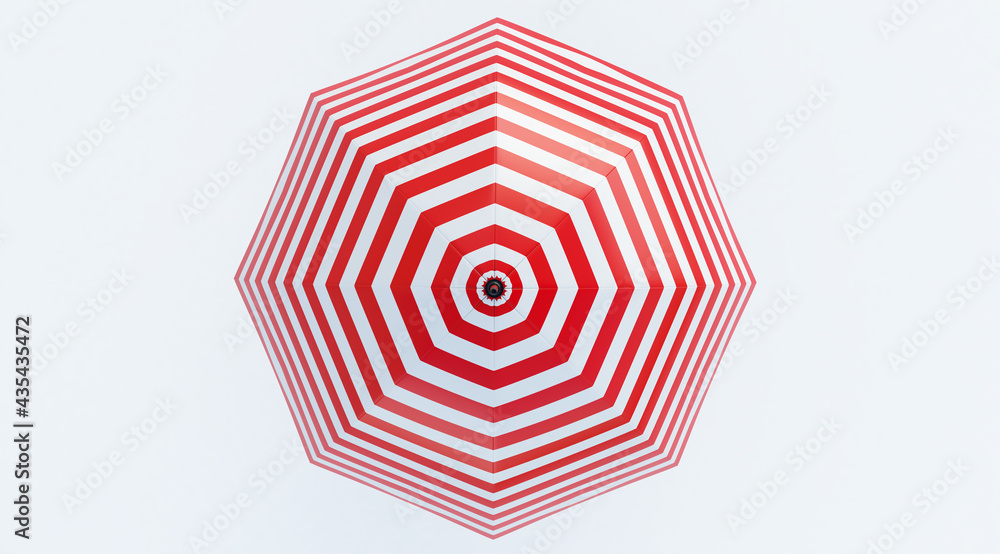 Beach Umbrella Red and White isolated on white background. top view. 3d render Beach Umbrella Red and White isolated on white background. top view. 3d render