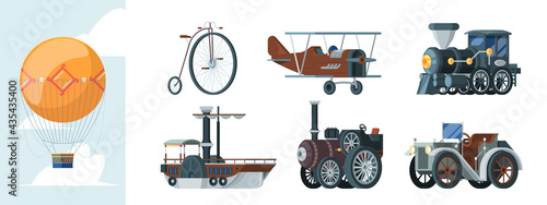 Retro transport. Old vintage vehicles in flat style cars trucks carriage airplanes garish vector cartoon illustrations