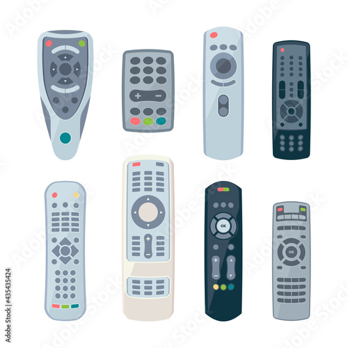 Remote controllers for tv. Electronic control items for smart home and different technics garish vector controllers in cartoon style