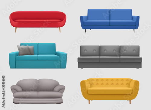 Sofa comfortable. Realistic furniture for lounge room modern interior items colorful sofa decent vector illustration templates