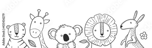 Scandinavian style animals. Drawing animal banner, isolated lion koala kangaroo. Cute childish characters, nature and exotic tiger, giraffe vector background