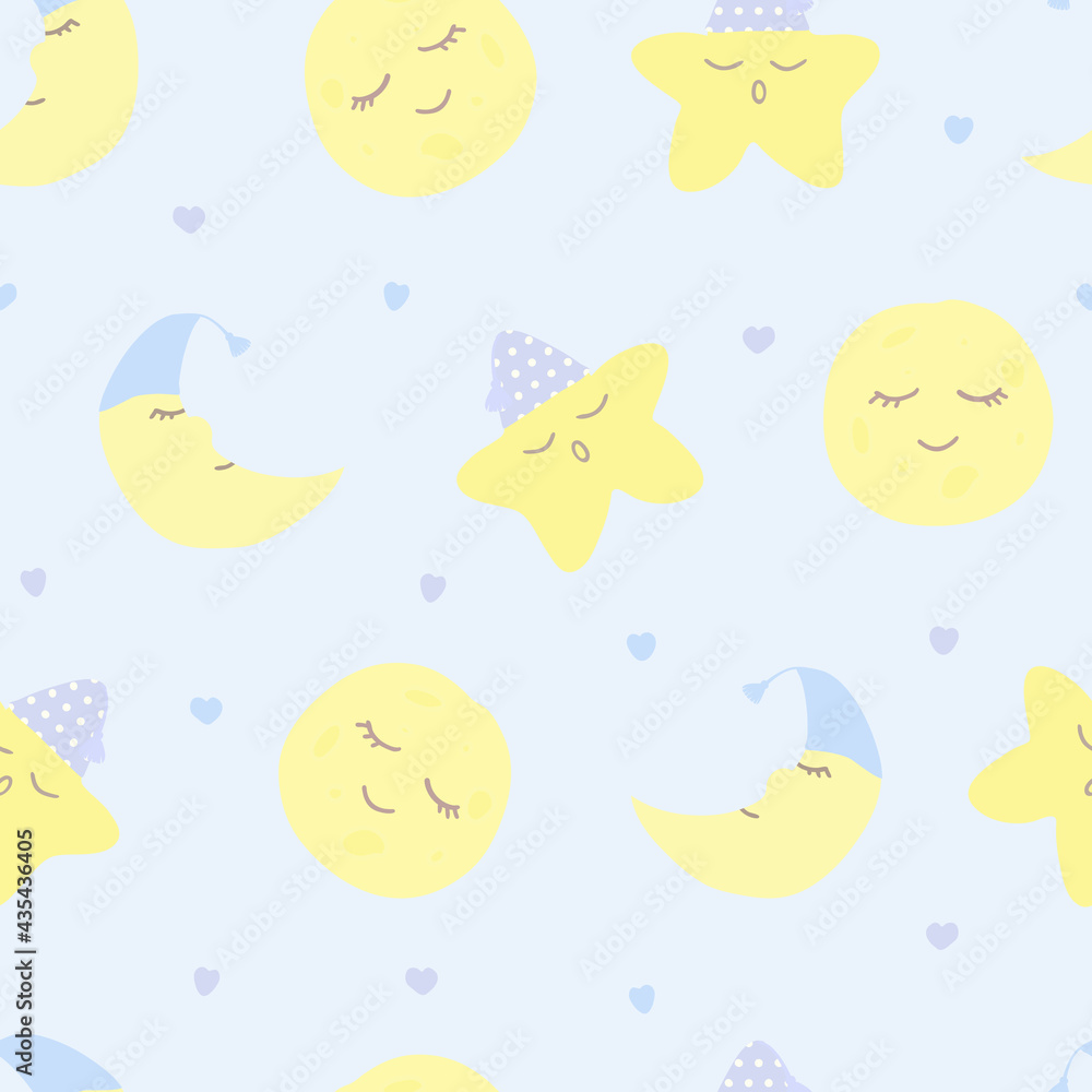 Vector seamless pattern with moon (crescent), stars and hearts on blue. For wallpapers, fabric, textile and linen, print clothes and pajamas, gift and wrapping paper, invitation to pajama party. Vector seamless pattern with moon (crescent), stars and hearts on blue. For wallpapers, fabric, textile and linen, print clothes and pajamas, gift and wrapping paper, invitation to pajama party.
