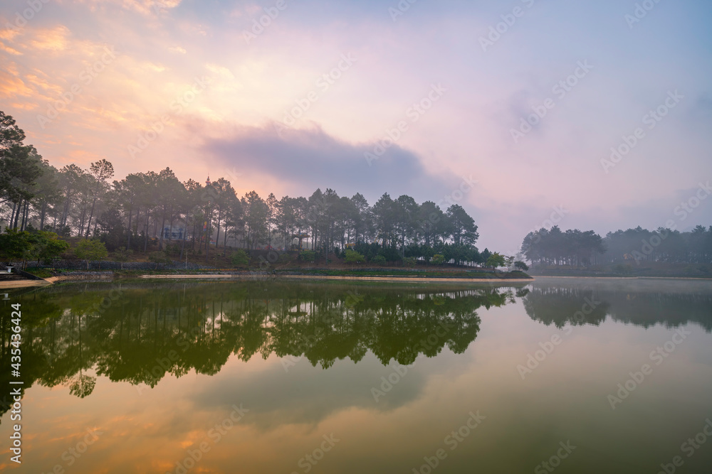 Pines forest and beautiful lake in Ban Ang Village, Moc Chau, Vietnam