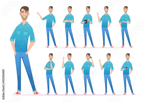 Casual style man. Gestures of man in denim jeans confident presenter looking characters exact vector person in action poses